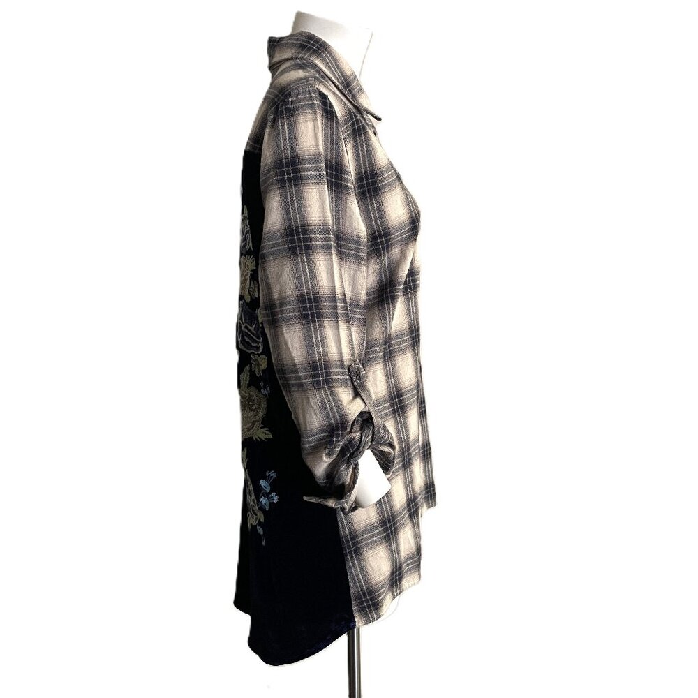 Paparazzi Top Large Boho Floral Embroidered Button Up Velvet Velour Plaid Shirt - Picture 7 of 16